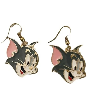 Betsey Johnson Grey Enamel Cartoon Tom Cat Face Dangle Earrings NWT - Image 1 of 4