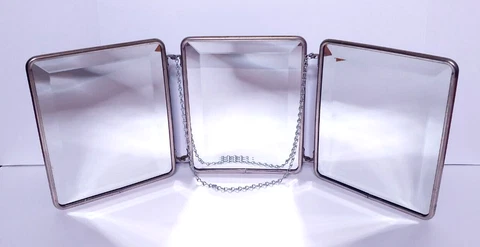 3 Panel Mirror Tri-Fold VTG Antique? Vanity Floral Hanging Metal Shaving Beauty Cover