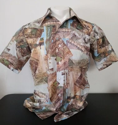 Camisa Montgomery Ward Andhurst Railway poliéster vintage anos 70 tamanho médio - Imagem 1 de 3