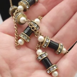 J. Crew Gold Tone Black Enamel Rhinestone Rondelle & Faux Pearl Beaded Necklace - Picture 1 of 11