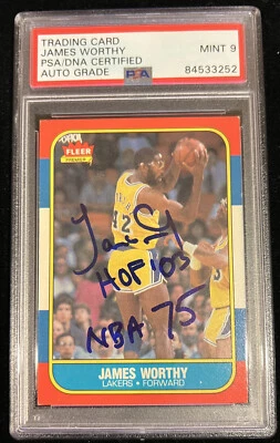 James Worthy Signed 1986 Fleer Card PSA/DNA MINT 9 AUTO HOF 03 NBA 75 Autograph - Image 1 of 4