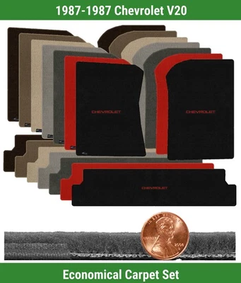 Juego de alfombrillas Velourtex personalizadas para Chevrolet V20 1987 con logotipo (3 piezas) #F9U Foto 1 de 4