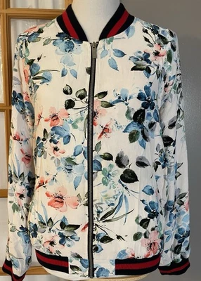 Sanctuary Anthropologie Floral Bomber Jacket Womens M Full Zip White Modern City - Image 1 of 4