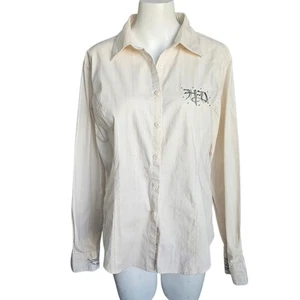 HARLEY DAVIDSON Ladies Vintage Crystal Embroidered Fitted Tan Shirt Size Large - Picture 1 of 12