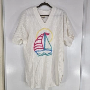 Copricostume vintage spiaggiato bianco scollo a V spugna design barca a vela estate anni 80 med - Foto 1 di 12