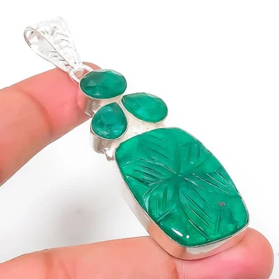 Pendente In Argento Sterling 925 Fatto A Mano Con Gemma Simulata Verde 2.76" - Immagine 1 di 4