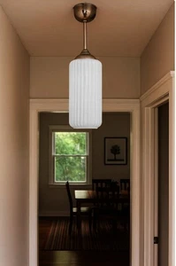 Vintage 30er Jahre Art Deco Opal Milchglas Pendelleuchte gerippt Trommelschirm Lampe - Bild 1 von 16