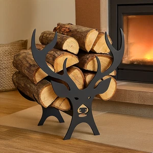 Stag Fire Log Holder Black Metal Fireside Companion Storage Rack Free Standing - Picture 1 of 24