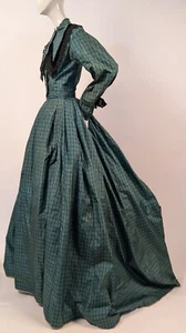 CIVIL WAR 1860’S GREEN WINDOWPANE SILK DRESS W VELVET + TRAIN - Picture 1 of 7