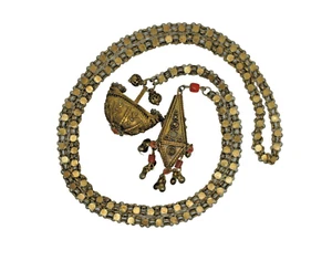 Antique Brass Filigree & Coral Bead Bolero Lariat Pendant Necklace 33" - Picture 1 of 10