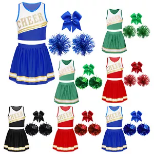 DE Mädchen Karneval Kostüm Crop Tops mit Rock Pompoms Socken Kopfschmuck Party - Bild 1 von 97