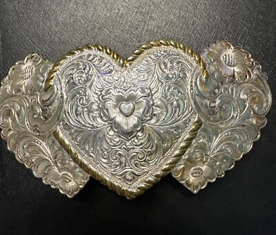 Винтажная коллекционная тяжелая серебряная пластина с бронзовой пряжкой на ремне Crumrine Hearts - Изображение 1 из 4