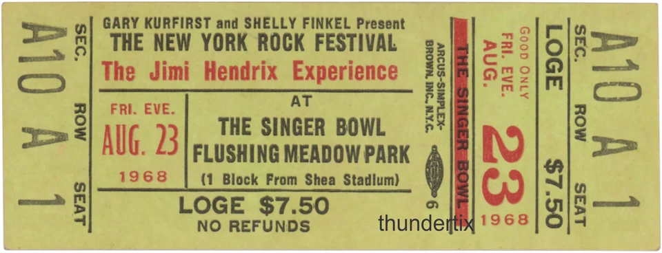 1  1968  JIMI HENDRIX UNUSED FULL CONCERT TICKET New York  laminated reprint gr - Image 1 of 1