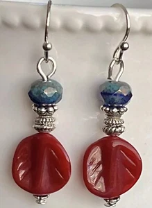 Etched Silver, Deep Blue Picasso and Burnt Red Vintage Bead Earrings. Boho Chic - Picture 1 of 3