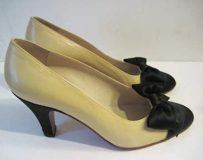 Vintage Chanel Two Tone Leather Pumps with Satin Front Bow Satin Heels  7 1/2 A - Image 1 of 4