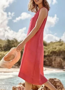 Abito midi J JILL misto lino fragola taglia L alto senza maniche resort sulla spiaggia - Foto 1 di 13