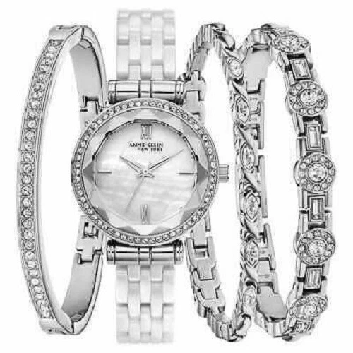 Anne Klein 12/2317wtst Women's 32mm Crystal Ceramic Watch Bangle Set