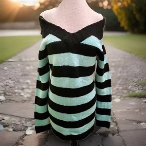 Derek Heart Damen L. On oder Off Shoulder Pullover Aqua/Schwarz Streifen V-Ausschnitt, - Bild 1 von 12