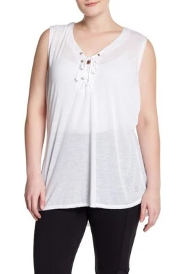 Balance Collection Women's 2X White Sleeveless Top T-Shirt Tank Lace Up Tie - Image 1 of 2