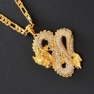 18K Gold Filled Over Brass Womens Mens 20" Zircon Dragon Pendant Necklace D375 - Picture 1 of 6