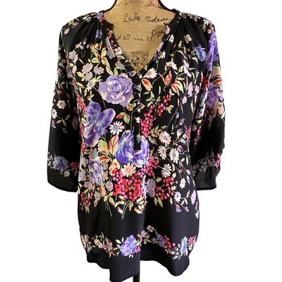 Blusa Top Yumi Kim Mujer Negra Estampado Floral Vibrante Manga 3/4 Cuello en V Seda Talla S Foto 1 de 4