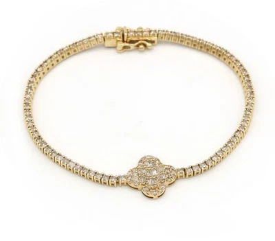 Brazalete de tenis trébol de diamantes naturales de 3,82 quilates baguette y redondo en oro macizo de 14 k Foto 1 de 4