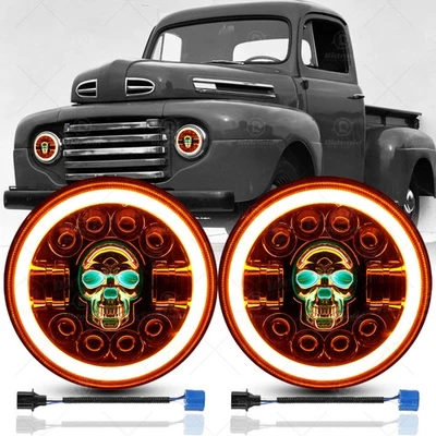 For Ford F1 1948 1949 1950 1951 1952 Pair 7" Inch Round LED Headlights RGB Skull - Image 1 of 4