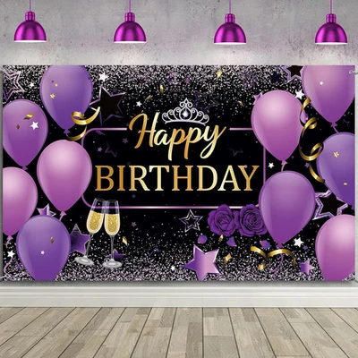 Banner de cumpleaños púrpura decoraciones de feliz cumpleaños púrpura para mujer telón de fondo Bann Foto 1 de 4
