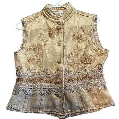 Chaleco Floral Bordado Flashback Vintage Boho Brillo Encaje Dorado Beige Cuentas Foto 1 de 4