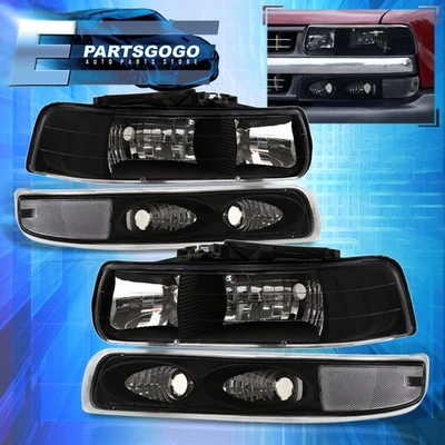 For 99-02 Chevy Silverado 00-06 Tahoe Suburban Black Headlights + Bumper Lamps - Image 1 of 4