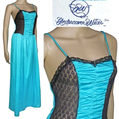 1980s Vintage Undercover Wear Long Blue Nylon Nightgown See Through Black Lace M - Image 1 of 4