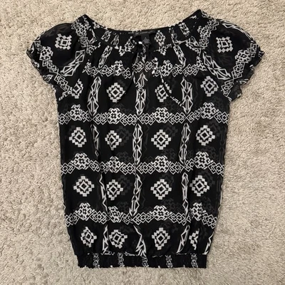 INC International Concepts Shear Top Women’s 6 Black White Geometric Elastic Hem - Image 1 of 4