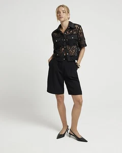 River Island Womens Black Lace Short sleeved Shirt Size 18 - Picture 1 of 11