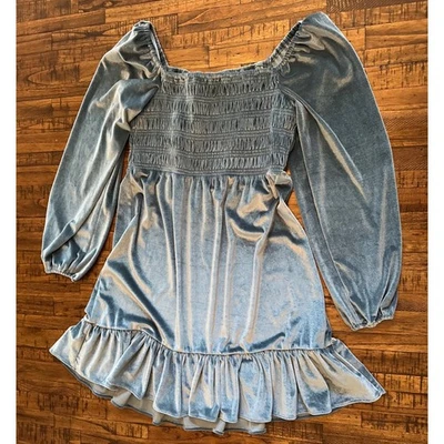 NWT LC Lauren Conrad M Blue Velvet Smocked Mini Dress Long Balloon Sleeve Party - Image 1 of 4