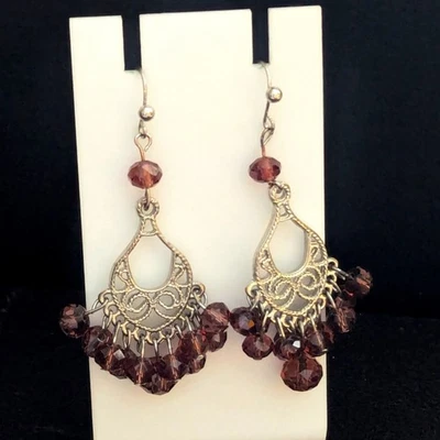 Elegant Silver Tone Filigree Amethyst Purple Glass Dangle Drop Hook Earrings - Image 1 of 3