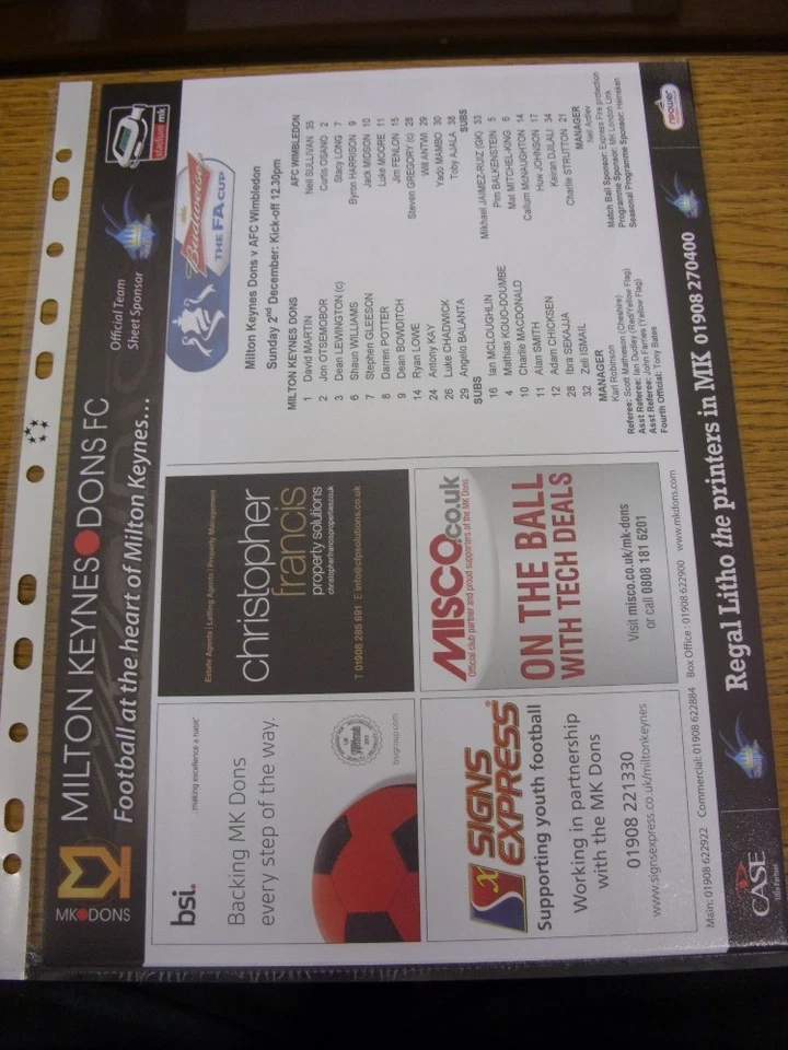 02/12/2012 Colour Teamsheet: Milton Keynes Dons v AFC Wimbledon [FA Cup] (FA Cup - Image 1 of 1