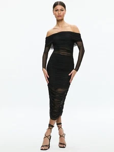 ALICE & OLIVIA (8) "ISADOLA" RUCHED BLACK MIDI DRESS NWT MSRP$395 - Picture 1 of 13