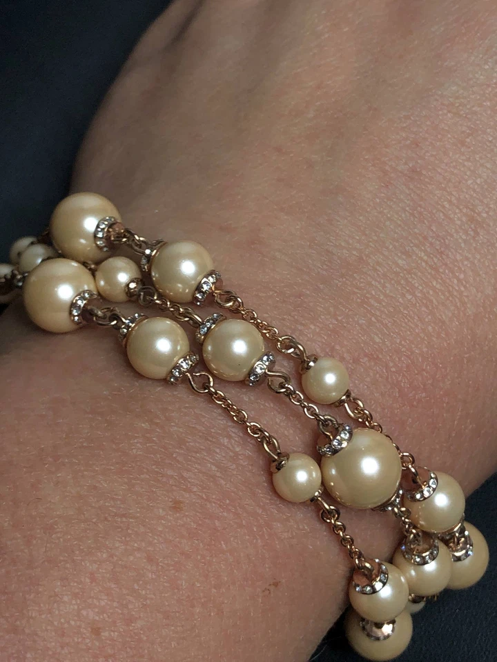 5128 Brazalete Kate Spade Imitación Perlas de Sabiduría Estrás Tono Rosa 3 Cadenas 7-8" Foto 1 de 3