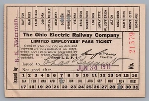 1911 Ohio Electric Railway Company Limited Employees' Pass Ticket Springfield - Picture 1 of 2
