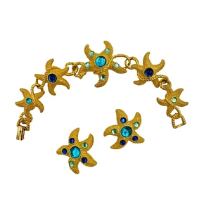 Trifari Vintage Starfish Aquamarine Gold Tone Bracelet Clip Earrings SET READ - Picture 1 of 18