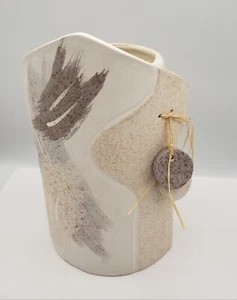 Bohemian Stoneware Vase Unique Curved Front Cylinder Neutral 10" Boho Tribal - Picture 1 of 7