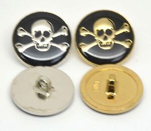 Skull & Crossbones Button Gold Silver Metallic Skulls Pirate Buttons Black 25mm