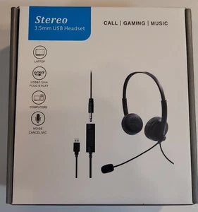 Stereo Headset with USB Adapter wired 3.5 mm jack, Noise Cancelling Mic - Picture 1 of 5