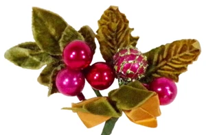 Christmas Corsage Hot Pink Mercury Glass Balls Green Velvet Leaves #1132 - Picture 1 of 8