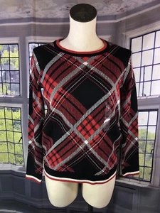 Charter Club S NWT deep black combo Plaid Grid Sweater Red Crew Neck Cotton $59 - Picture 1 of 13