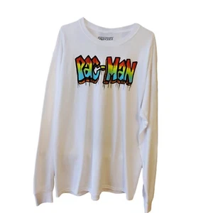 Pac-Man Long Sleeve White Cotton Graphic Print Crew Neck T-Shirt Men's Size L  - Picture 1 of 10