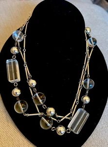 Vintage Chunky Rectangular/roundClear Lucite Silvertone Necklace 52” !See Flaws! - Picture 1 of 12