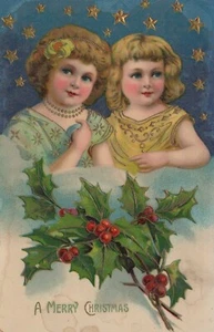 Christmas - Two Pretty Girls - Starry Night - Holly & Berries - Unused - Picture 1 of 2