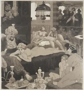 EMIL SARTORI EROTIK RADIERUNG HAREMSFEST HAREM ORIENT BAYROS Bonbonniere 1907 - Bild 1 von 8