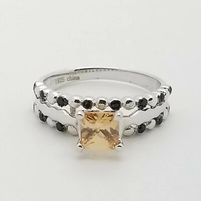 New 1 Sterling Silver Square Light Citrine Dotted Black Spinel Ring Size 6 - Image 1 of 4